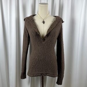 Vintage Old Navy Brown Knit Henley Hoodie Sweater Elbow Patches Drawstring Hem